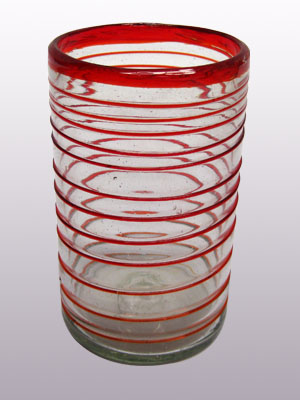 Vasos de Vidrio Soplado al Mayoreo / vasos grandes con espiral rojo rubí / Éstos elegantes vasos cubiertos con una espiral rojo rubí darán un toque artesanal a su mesa.